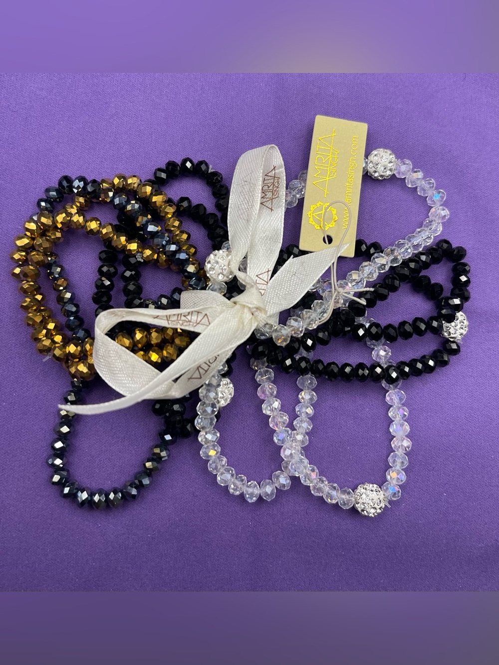 NWT Amrita Singh Multi-strand Beaded Crystal Stretch Bracelet Stack